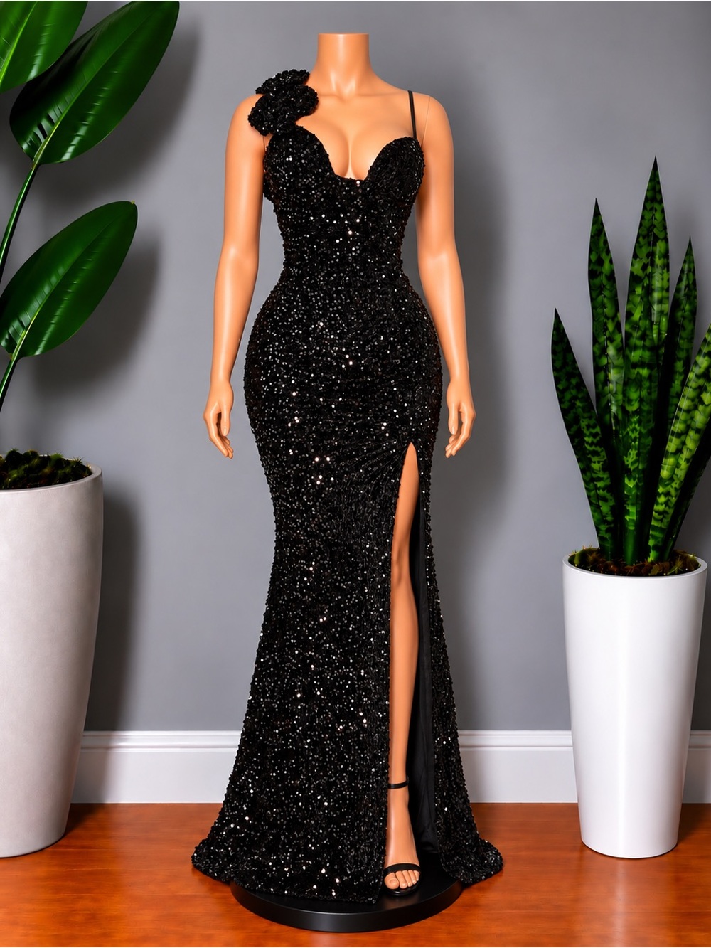 Fashion Nova Black Sequin Strap Slit Evening Gown